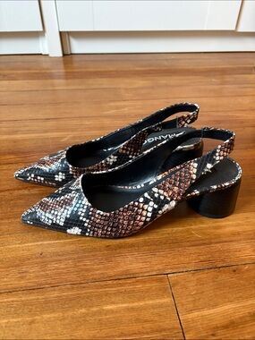 Mango Leather Snakeskin Block-Heel Point-Toe Slingback Shoes NWT size 36